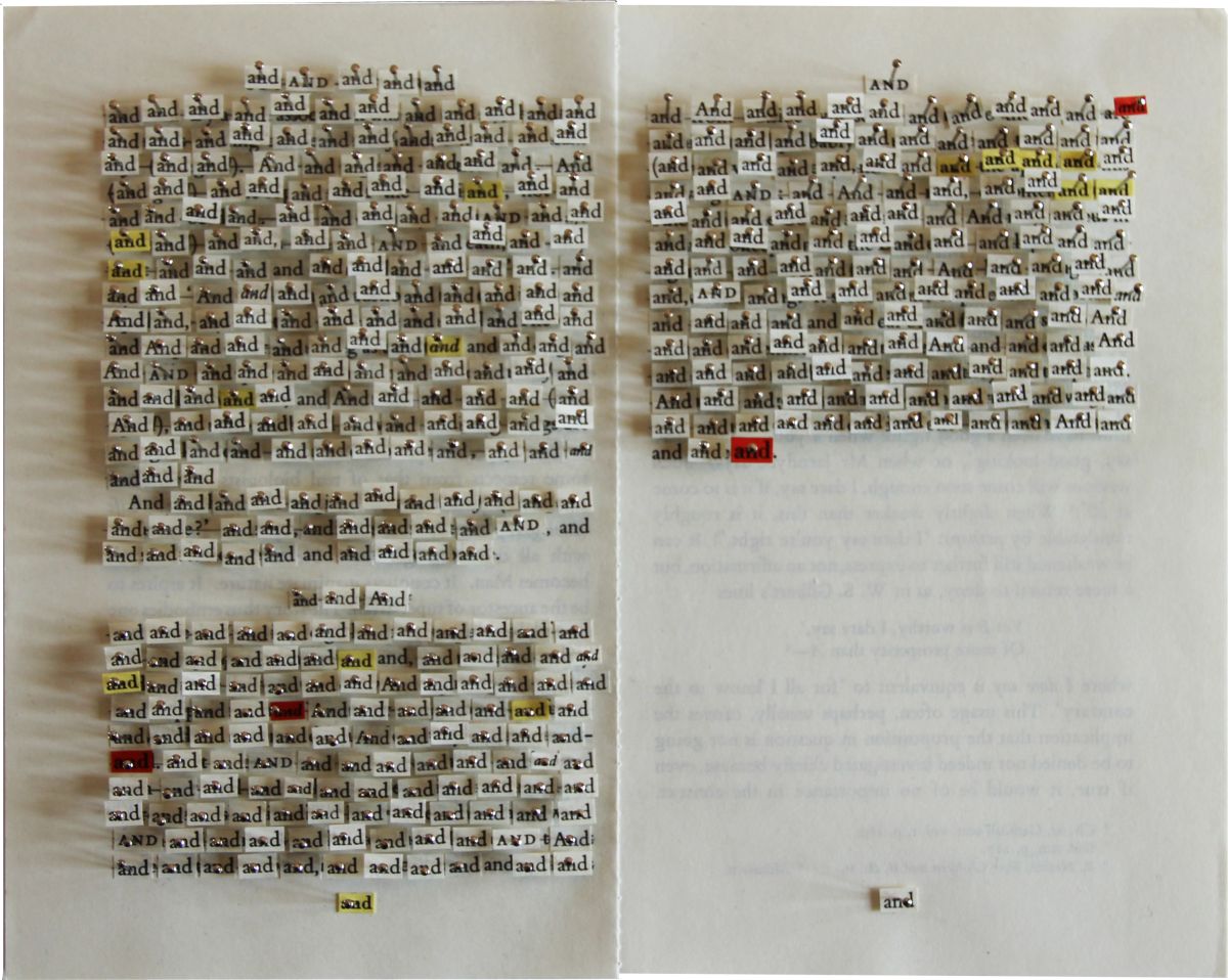 Click the image for a view of: Chloё Reid. 'the, of, and, to, a' (detail). 2013. Found text, pins. Dimensions variable